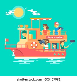 Cruise ship sailing on the river, have a rest and take photos Recreational waterway travel vacation journey  leisure cruise river trip background Vector illustration.