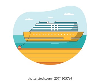 Cruise ship sailing on the sea carrying tourists for summer vacation. Character design. Vector flat illustration