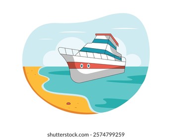 Cruise ship is sailing in the sea, carrying tourist passengers. Character design. Vector flat illustration