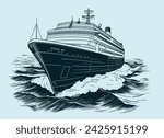 A cruise ship sails on the sea waves. Vector drawing isolated on a blue background.