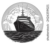 A cruise ship sails on the sea waves. Vector logo drawing isolated on a white background.