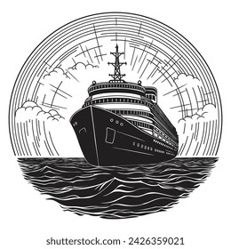 A cruise ship sails on the sea waves. Vector logo drawing isolated on a white background.