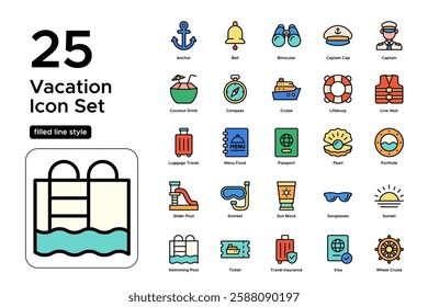 Cruise Ship and Sea Adventure. Travel, Relaxation, and Ocean Exploration. Vector Illustration. FIlled line icon set