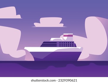 Cruise ship at sea, beautiful landscape, cartoon flat vector illustration. Big cruise liner floating or swimming in ocean. Summer vacation concept.