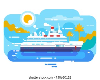 Cruise ship in sea design flat. Marine travel passenger liner, ocean voyage. Vector illustration