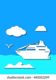 Cruise ship in the sea flat style vector illustration. Vertical banner or postcard template with the place for text. Summer holiday cruise image. Traveling by boat picture for cover. Speech bubbles.