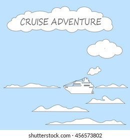 Cruise ship in sea flat style vector illustration. Cruiseliner icon with cartoon style steam clouds and waves. Summer travel card or banner background. Square image with sea transport and text place