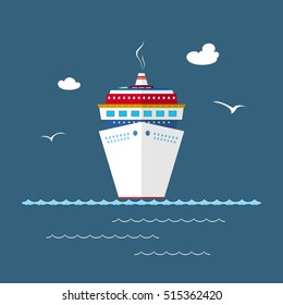 Cruise Ship at Sea, Front View of the Liner, Travel Concept , Vector Illustration