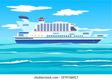 Cruise ship at sea making a voyage. Fun cruise around the world, summer vacations, different countries, ship vacations. Vector flat illustration, bright cartoon style.