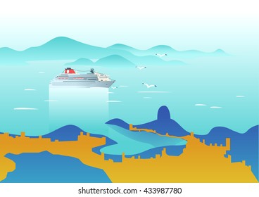 Cruise ship in the sea. Seascape view.Vector illustration on art deco style.