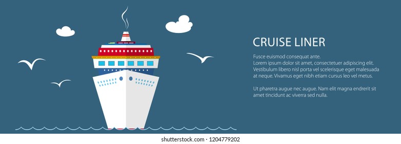 Cruise Ship at Sea and Text, Front View of the Liner , Travel Banner, Vector Illustration