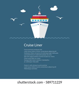 Cruise Ship at Sea and Text, Front View of the Liner, Travel Concept , Poster Brochure Flyer Design, Vector Illustration 