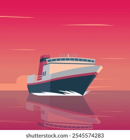 cruise ship for sea travel. Summer luxury vacation on cruise liner. Vector cartoon illustration of tropical  harbor and pink evening sky.