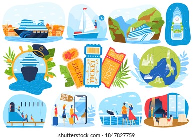 Cruise ship sea vacations set of vector illustration bundle. Summer marine travel in ocean. Passenger ocean liner, cruiser. Tropical island of palm tree. Sea voyage. Holiday on yacht, boat.