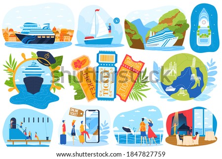 Cruise ship sea vacations set of vector illustration bundle. Summer marine travel in ocean. Passenger ocean liner, cruiser. Tropical island of palm tree. Sea voyage. Holiday on yacht, boat.