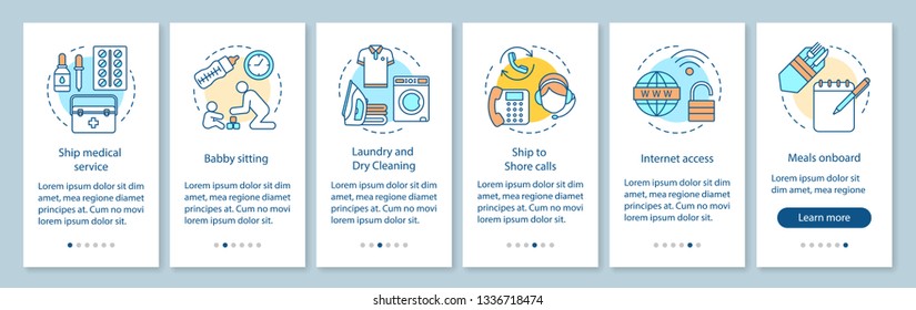 Cruise ship services onboarding mobile app page screen, concepts. Catering, babysitting, medicine. Cruiseship amenities walkthrough step graphic instruction. UX, UI, GUI vector template, illustrations