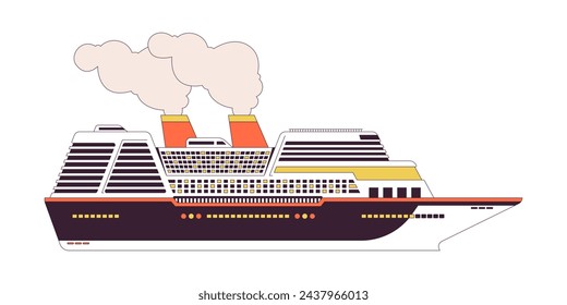 Cruise ship side 2D linear cartoon object. Luxury cruise liner boat isolated line vector element white background. Marine transport. Ocean vessel. Nautical transportation color flat spot illustration