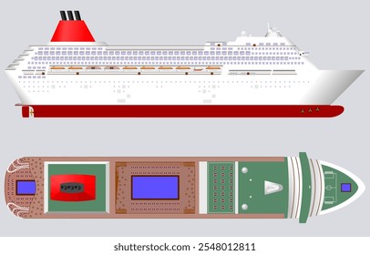 Cruise Ship. Side and top profile of a cruise liner with seven lifeboats, two tenders, and a rescue boat. Isolated vector illustration.