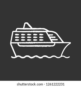 Cruise ship in side view chalk icon. Ocean liner. Boat, cruiseship, ferry. Water transport. Summer voyage. Isolated vector chalkboard illustration