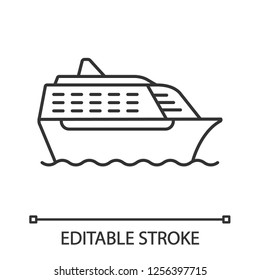 Cruise ship in side view linear icon. Ocean liner. Thin line illustration. Boat, cruiseship, ferry. Water transport. Summer voyage. Contour symbol. Vector isolated outline drawing. Editable stroke