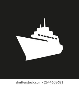 Logotipo da silhueta do navio de cruzeiro.Branco forro do ícone isolado no fundo preto.Vetor ilustração vista lateral.
