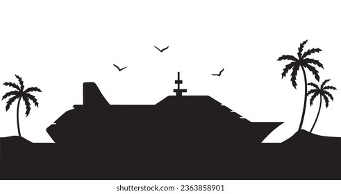 A cruise ship in silhouette is passing by some islands