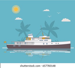 Cruise ship of silhouettes of palm trees in flat style a vector.Walking magnificent retro yacht.
Element of design of websites of travel companies.Tropical island palm tree.Motor boat.