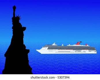 Cruise ship and State of Liberty New York illustration