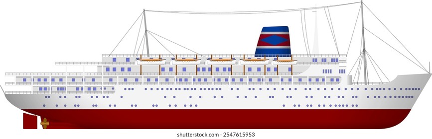 Cruise Ship in the style of a 1960s vessel. Side profile. Detailed vector illustration of a passenger ship with open lifeboats.