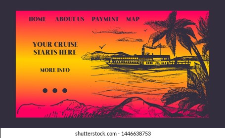 Cruise ship for summer travel vector illustration. Seaway cruiseliner in sea near palm beach. Illustration of sunset vacation and cruise