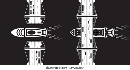 Cruise ship and a tanker pass under bridges – vector illustration