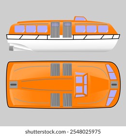 Subasta de cruceros. Perfil lateral y superior de un barco tierno de un crucero. Bote salvavidas para 150 personas. Ilustración vectorial aislada.