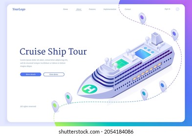 Cruise Ship Tour Isometric Landing Page. Sea Liner Travel Ticket Booking Service, Modern Boat Ocean Voyage, Marine Journey On Luxury Sailboat, 3d Vector Web Banner With Passenger Vessel And Map Pins