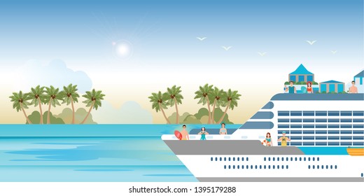 Cruise Ship With Tourists Traveling On A Cruise Boat Making Party And Take Pictures, Vector Illustration.