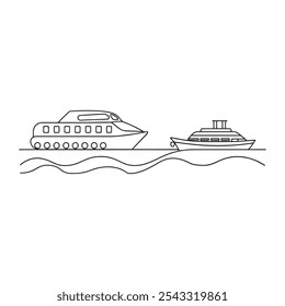 Ilustración vectorial plana aislada del arte de la línea continua del transporte del agua del tren de la nave de crucero sobre fondo blanco.