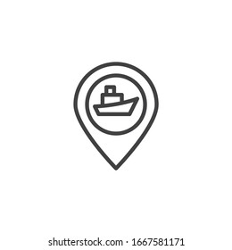 Cruise ship travel line icon. Seaport location pin linear style sign for mobile concept and web design. Map marker with ship boat outline vector icon. Symbol, logo illustration. Vector graphics