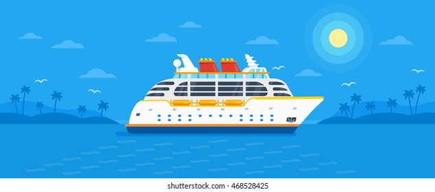 Cruise ship in trendy flat design style vector illustration. Seaway ocean transport passenger steamship on monochrome blue tropic background with palm trees, seagulls, sun and clouds.