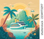 Cruise ship tropical island vacationing background. Luxury voyage cruises on a passenger ship vessel to amazing destinations. Marine relaxation holiday vacation, travel and adventure transport