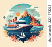 Cruise ship tropical island vacationing background. Luxury voyage cruises on a passenger ship vessel to amazing destinations. Marine relaxation holiday vacation, travel and adventure transport