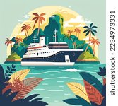 Cruise ship tropical island vacationing background. Luxury voyage cruises on a passenger ship vessel to amazing destinations. Marine relaxation holiday vacation, travel and adventure transport