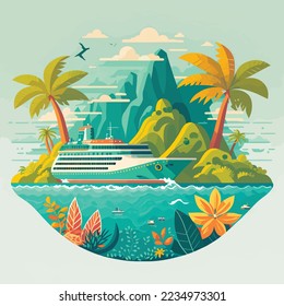 Cruise ship tropical island vacationing background. Luxury voyage cruises on a passenger ship vessel to amazing destinations. Marine relaxation holiday vacation, travel and adventure transport