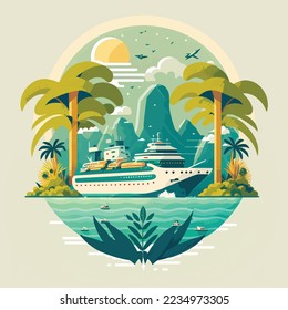 Cruise ship tropical island vacationing background. Luxury voyage cruises on a passenger ship vessel to amazing destinations. Marine relaxation holiday vacation, travel and adventure transport