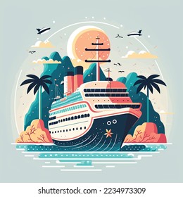 Cruise ship tropical island vacationing background. Luxury voyage cruises on a passenger ship vessel to amazing destinations. Marine relaxation holiday vacation, travel and adventure transport