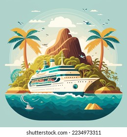 Cruise ship tropical island vacationing background. Luxury voyage cruises on a passenger ship vessel to amazing destinations. Marine relaxation holiday vacation, travel and adventure transport