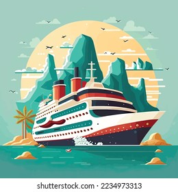 Cruise ship tropical island vacationing background. Luxury voyage cruises on a passenger ship vessel to amazing destinations. Marine relaxation holiday vacation, travel and adventure transport