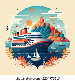 Cruise ship tropical island vacationing background. Luxury voyage cruises on a passenger ship vessel to amazing destinations. Marine relaxation holiday vacation, travel and adventure transport