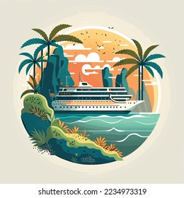 Cruise ship tropical island vacationing background. Luxury voyage cruises on a passenger ship vessel to amazing destinations. Marine relaxation holiday vacation, travel and adventure transport