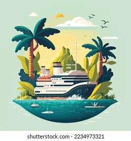 Cruise ship tropical island vacationing background. Luxury voyage cruises on a passenger ship vessel to amazing destinations. Marine relaxation holiday vacation, travel and adventure transport