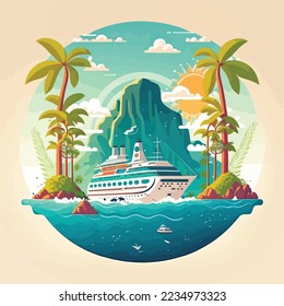 Cruise ship tropical island vacationing background. Luxury voyage cruises on a passenger ship vessel to amazing destinations. Marine relaxation holiday vacation, travel and adventure transport