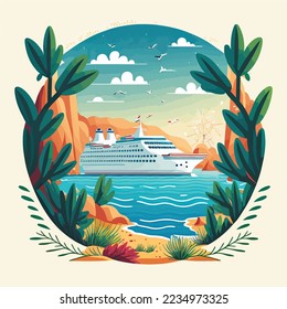 Cruise ship tropical island vacationing background. Luxury voyage cruises on a passenger ship vessel to amazing destinations. Marine relaxation holiday vacation, travel and adventure transport